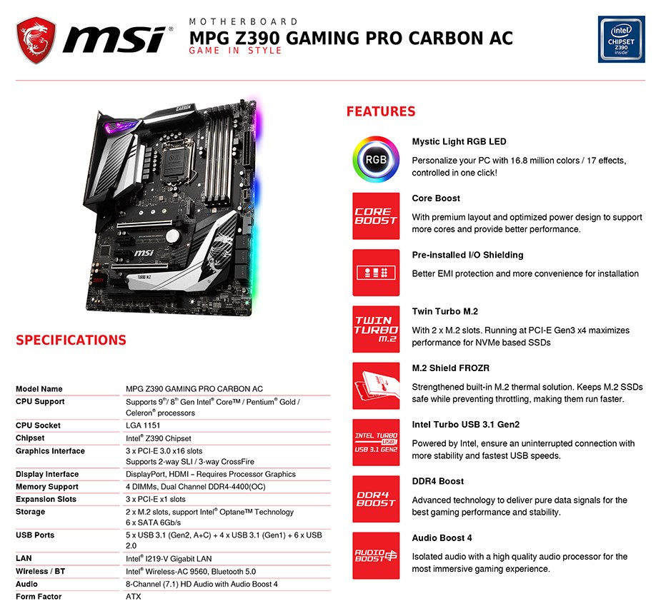 MSI MPG Z390 GAMING PRO CARBON AC LGA 1151 ATX Motherboard - Desktop Overview 2