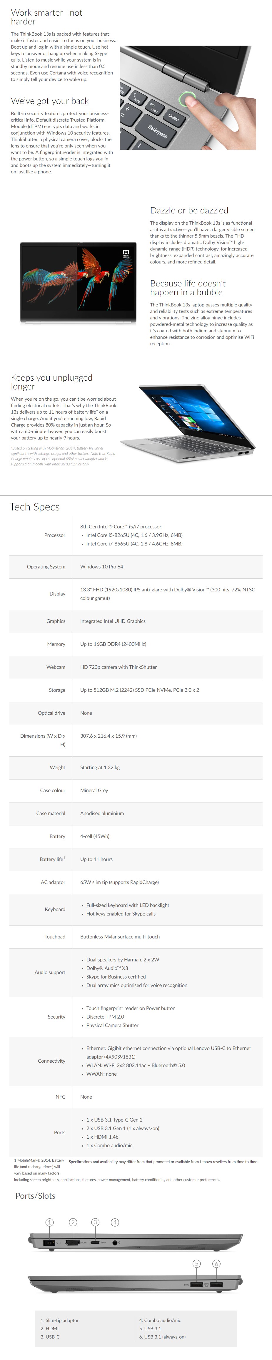 Lenovo ThinkBook 13s 13.3" Laptop i7-8565U 16GB 512GB SSD W10P - Overview 1