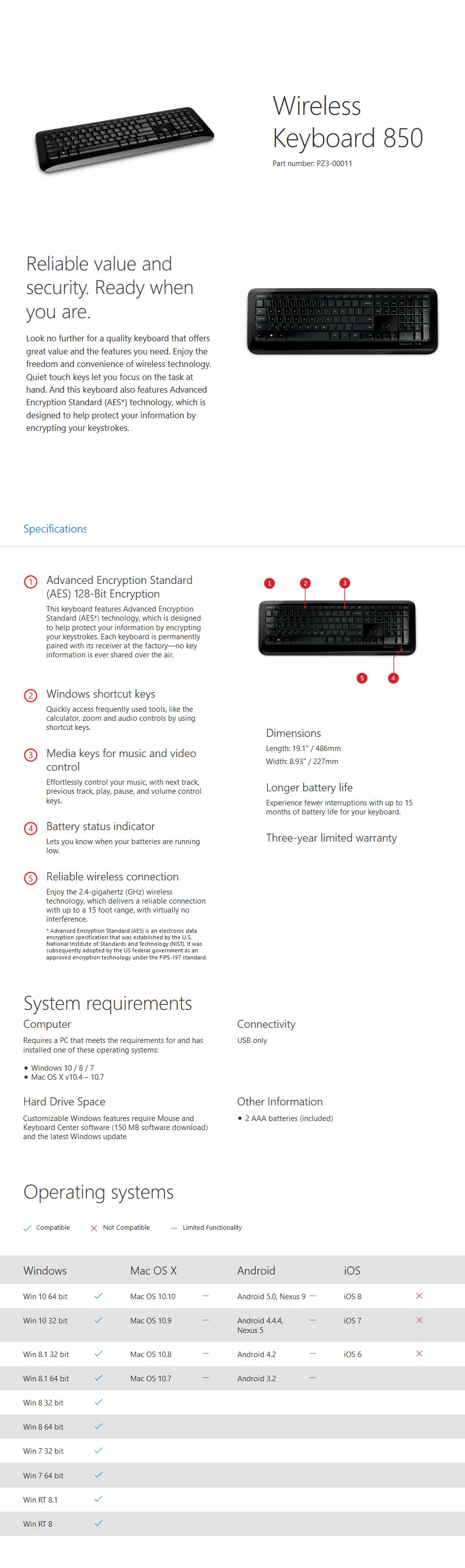 Microsoft Wireless Keyboard 850 - Black - Desktop Overview 1